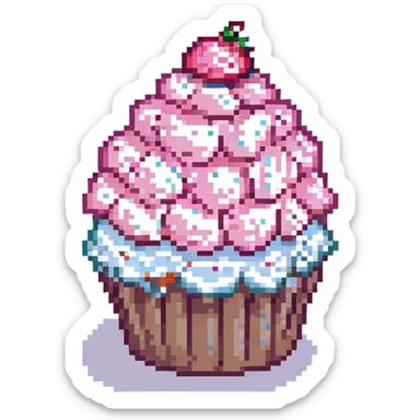 cupcake with pink icing, pixel art style sticker