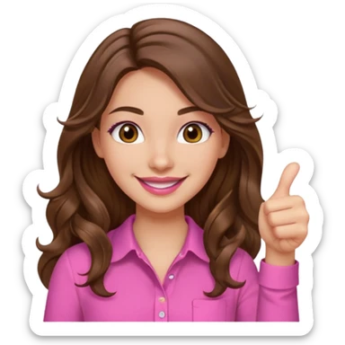 girl with long wavy brown hair, brown eyes, light to medium complexion, in a pink shirt, pink lips, long lashes, thumbs up sticker