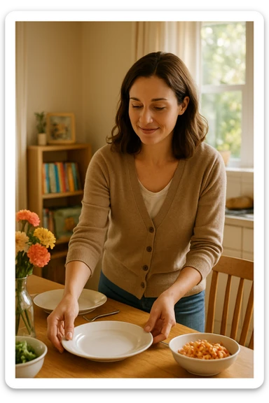 "Donna tra i 30 e i 40 anni, all’interno della sua casa luminosa, mentre prepara la tavola o accudisce i figli con un’espressione dolce e serena. Indossa abiti semplici e curati, simbolo di cura e presenza. Sullo sfondo si vedono dettagli di una casa armoniosa: fiori freschi, libri per bambini, un pranzo in preparazione. La scena trasmette calore, dedizione e stabilità familiare. Elementi visivi di supporto: luce solare che entra dalla finestra, atmosfera calda e rassicurante. Stile realistico con toni caldi e tenui sticker