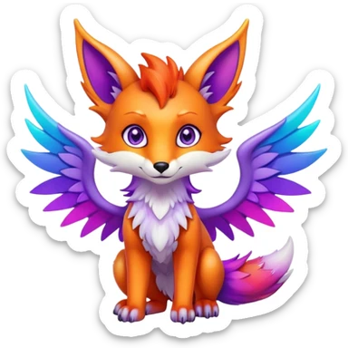 Cartoon Fox dragon hybrid purple eyes with wings face front full body rainbow colored sticker