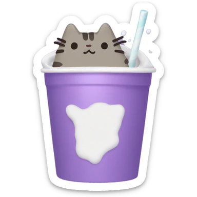 Pusheen drinking purple syrup from styfoam cup sticker