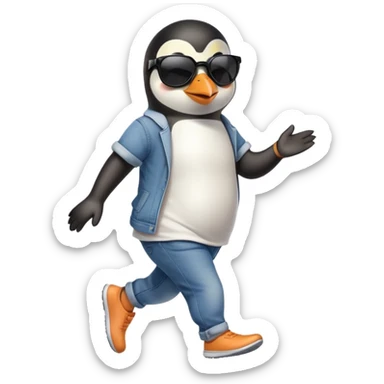 friendly anthropomorphised penguin in jeans and a t-shirt, wearing dark sunglasses, jogging upright, standard pose sticker