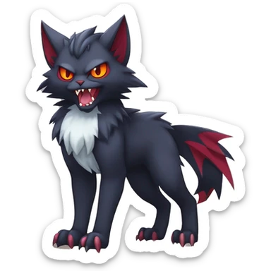   cool edgy beautiful fantasy anime-style dark animal vampiric Litten-Zoroark-Nargacuga-cat-hybrid Fakemon with big fangs and bat-ears full body sticker