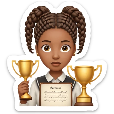 generate an emoji for this phrase, Start strong to earn trust and be noticed. End strong to be remembered. make it a black woman in braids updo looking determined with a white script in hand and a trophy sticker