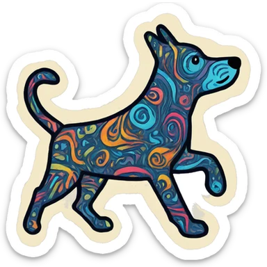 Abstract quirky funky made of different shapes dog running and squiggles linocut multicoloured illustrations  sticker