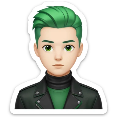 Nam 15 tuổi, da trắng, tóc under cut màu xanh lá cây vuốt ngược ra sau, áo khoác cao cổ da màu đen sticker