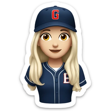 White girl with black long hair who wearing navy ballcap emblazoned with a red G initial and wearing baseball uniform sticker