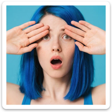 Woman with blue hair with hands over her eyes in disbelief  sticker