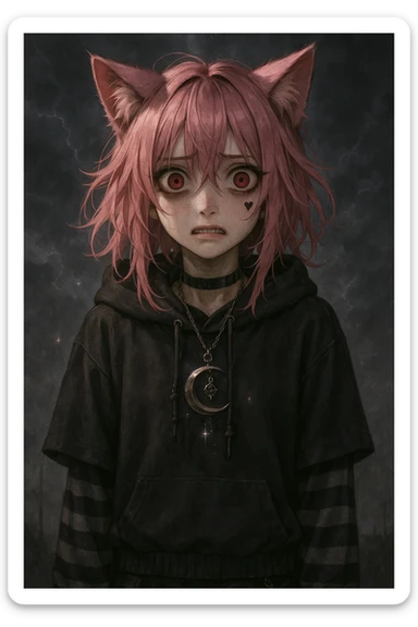 realistic anime catgirl with pink hair, emo streetwear, heart tattoo under left eye, dark magical accessory, sparkles, stormy background, subtle horror expression with wide eyes and tense mouth sticker