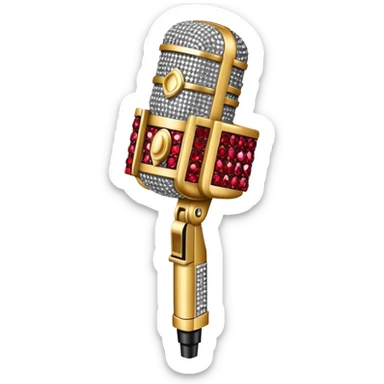 Create a glamorous and eye-catching emoji representing stage vocals, featuring a vintage stage microphone as the central element. Surround the microphone with a vibrant, sparkling stage costume covered in rhinestones, capturing the essence of a classic stage performance. The costume should be flashy, with shiny accents and a dazzling effect to evoke the energy and elegance of a live performance. Add subtle musical notes floating around to emphasize the connection to singing. Use bright, bold colors like gold, silver, and deep reds, along with glittering details to create a luxurious and dynamic atmosphere. The background should be transparent. sticker