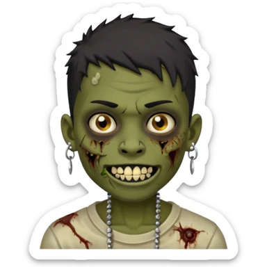 Make a boy zombie dark skin and short black 4c hair, showing a studded grillz teeth with a earing sticker