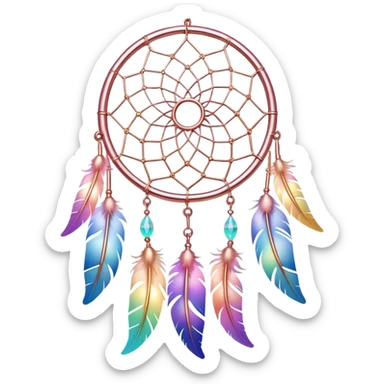 Iridescent pastel rainbow colorful transparent bright light luminescent dream-catcher hanging from an iridescent chain, rose-gold-metal  sticker