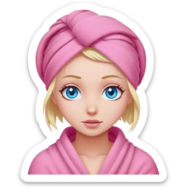 A cinematic realistic girl with blue eyes, with her hair wrapped in a pink towel sticker