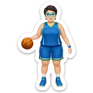Full Body plus size white female basketball player with short dark hair with highlights spike hair wearing blue glasses  wearing blue green uniform smiling sticker