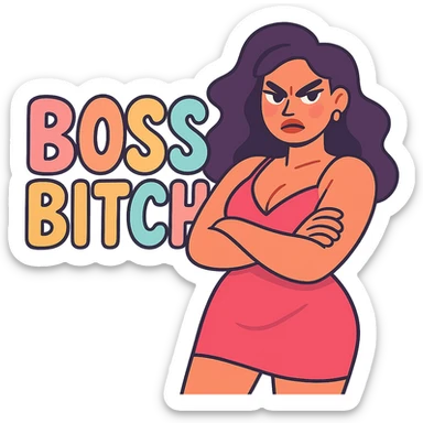 sexy, powerful woman with a fierce expression, 'Boss Bitch' in pastel colors sticker
