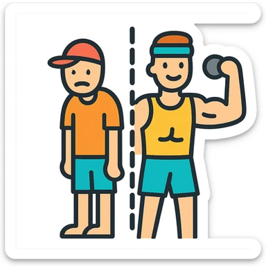 in the picture is devided in to two parts, at the first the sportsman is weak and lazy, but at the second picture the same sportsman is very strong because he doing a workout regularly sticker