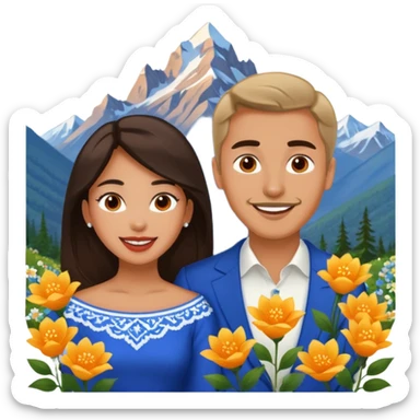 Excited Couple traveling  russian man and elegant  Latina girl delicate flowers and mountains in the background  sticker