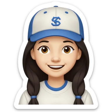 Digital illustration of a cartoon character with a big smile on its face and winking. The character has long dark hair and is wearing a white baseball cap and casual clothes. The overall style of the illustration is cute and playful. sticker