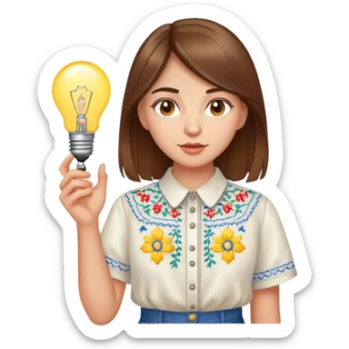 A Ukrainian girl with brown hair in an embroidered shirt holds a light bulb sticker