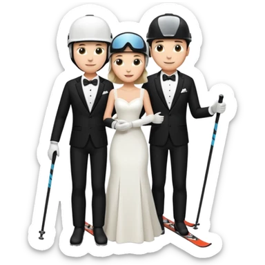 a recently marries couple skiing, ski helmet on in wedding dress and tux sticker