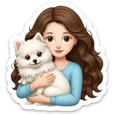 White female with long wavy brunette hair hugging cute white pomeranian sticker