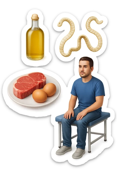 emoji stile iphone di UN PIATTO CON CARNE ROSSA E UOVA, UNA BOTTIGLIA DI OLIO DI SEMI, DUE PARASSITI TIPO LA TENIA, UOMO SEDUTO SU UN LETTINO DA FISIOTERAPISTA, IPERREALISTICO 4K sticker