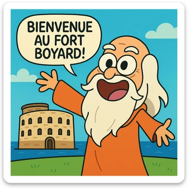 Père fouras  de fort boyard qui cri bienvenue au fort boyard // style enfantin dessin animé cartoons américain style gumball sticker