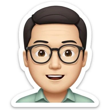 _cinematic-realistic-portrait-of-asian man,-depicted-with--large-rectangular-glasses,-his-happy-expression-rendered-in-lifelike-detail,-illuminated-with-soft,-realistic-lighting-that-emphasizes-his-creative-genius, his eyes shut  and big bushy black eyebrows sticker