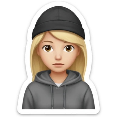 Blonde female tech developer manager going back to work after christmas holidays, looking tired and wearing a hoodie and cap sticker