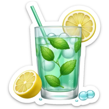 A 3D cartoon transparent glass with sparkling lemon mint drink, bubbles, mint leaves and lemon slice, clear ice, realistic condensation, Memoji-style detail. sticker