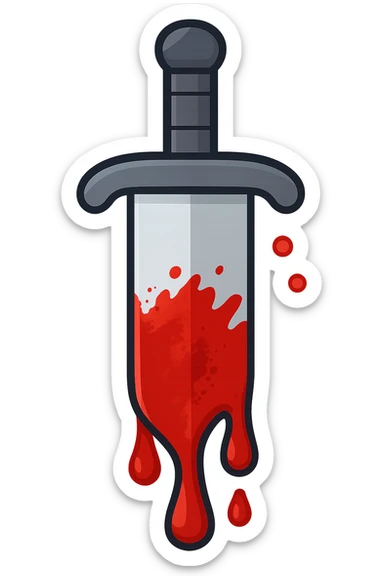 Render a sword exactly as shown in the reference image, perfectly vertical. Make the blade 50% wider with a steel finish. Add vivid wet blood splatter covering the bottom half of the blade, with fewer but very large and prominent blood drips. The style should emulate Emoji style with a transparent background. sticker