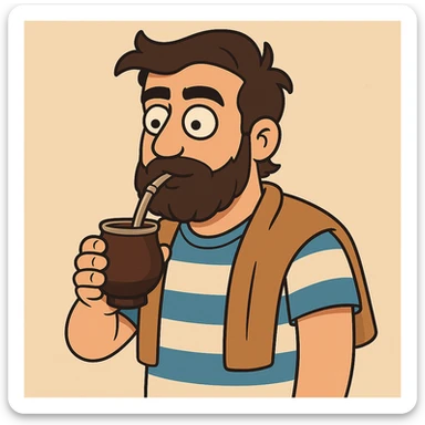 Add a beard to the Argentinian man with dark hair drinking mate in the same cartoon style as the original image. sticker