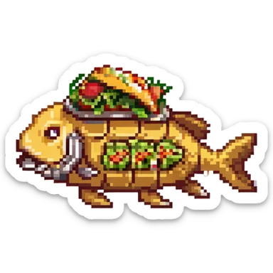 a cyborg robotic carp who's body is made from a filled crunchy taco, with lettuce salsa meat and cheese. he is fish taco bot man sticker