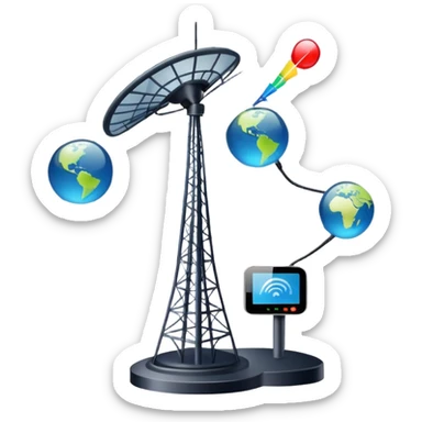 An icon featuring a satellite dish, a cell tower emitting signals, and a smartphone displaying a chat interface. The design includes fiber-optic cables and data waves, symbolizing global communication, connectivity, and information exchange. Transparent background. sticker