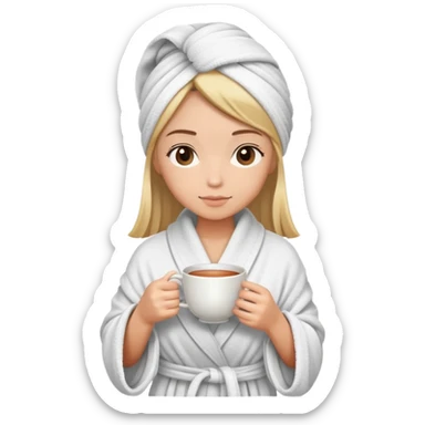 girl hair wrapped in towel wearing robe holding tea sticker