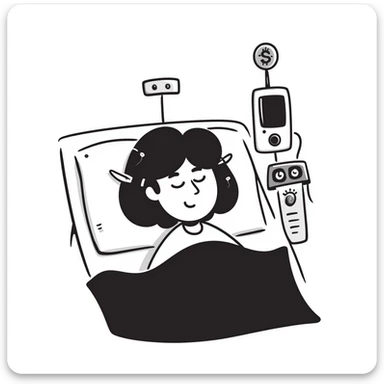 patient sleeping in bed with EEG electrodes, pulse oximeter, and other sensors for polysomnography sleep study sticker