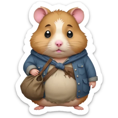 Cute fat cartoon-style hamster hobo carrying a bindle over its shoulder with a melancholy expression. sticker