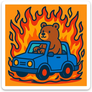a brown bear calmly sitting in a blue car engulfed in cartoonish flames, vibrant colors sticker