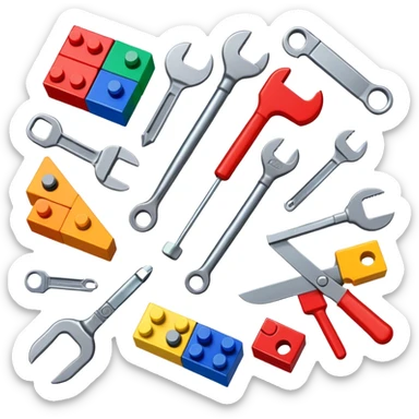 A photorealistic icon featuring colorful building blocks, interlocking pieces of a construction set, and tools like a small wrench or screwdriver. The design includes detailed textures of the blocks, capturing the creativity and fun of building with construction sets. Transparent background sticker