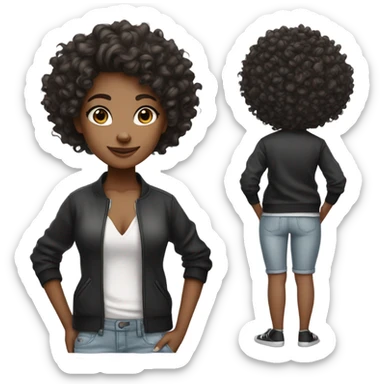 A girl her hair is curly beautiful, cool she is white and black like she is turned skin she wearing a sticker