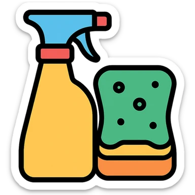 colorful icon of cleaning supplies, including spray bottle and sponge sticker