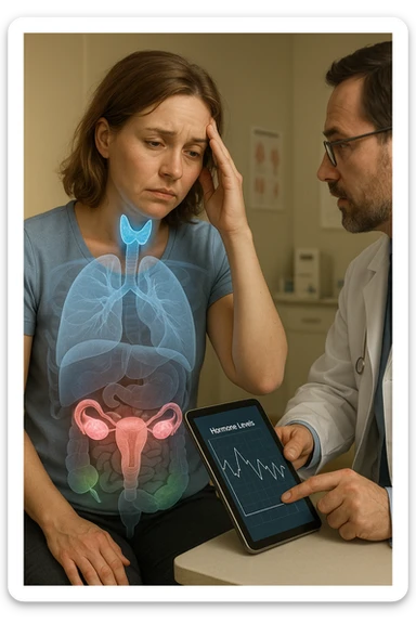 Realistic, vertical medical scene: a woman sits in a doctor’s office, looking fatigued and concerned. A semi-transparent overlay shows her internal organs, with the thyroid, ovaries, and adrenal glands glowing or pulsing in different colors to indicate hormonal imbalance. The doctor points to a digital tablet displaying fluctuating hormone levels. The mood is informative and empathetic. sticker