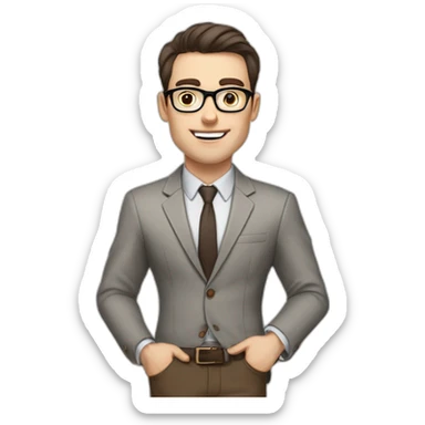 Pale skinned fit man with dark brown hair in gray jacket, beige office shirt, brown tie, brown pants and vintage glasses Writing on the flipchart sticker