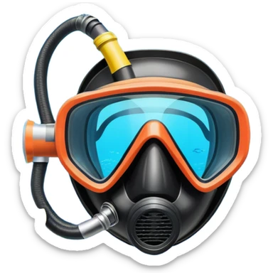 An icon featuring a close-up of a diving mask, snorkel, and fins floating on the surface of vibrant blue water. In the background, coral reefs and tropical fish create a lively underwater scene. Transparent background highlights the beauty and adventure of the diving experience. sticker