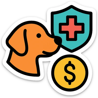 icon representing actions to combat diseases in dogs and expenses, clean visual style, elements including dog, health symbol (cross or stethoscope), and coin or dollar sign, transparent background sticker