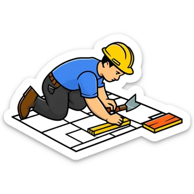 Moldovan builder laying floor tiles, construction worker with tools sticker