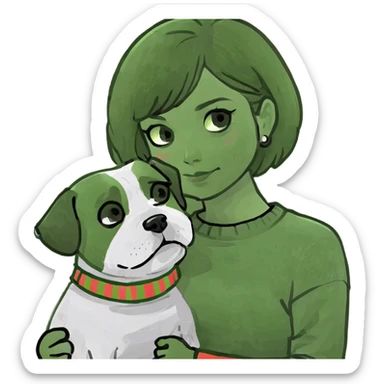 brown short haired girl hugging her shi tzu black and white sticker
