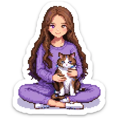 Add a cozy indoor background to the scene with a girl with long, wavy brown hair, brown eyes, purple clothes, sitting with a three-color cat in pixel art style. sticker