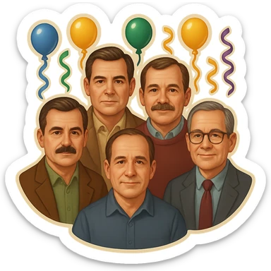 Make the six cats look more like men in their forties, with subtle masculine facial features, mature expressions, and hints of age, while keeping the festive birthday party emoji style. Preserve the transparent background. sticker