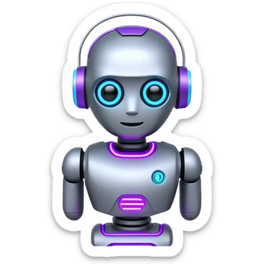 chatbot robot in gray color, with neon glow lines, blue neon glow on top left, purple neon glow on bottom right sticker